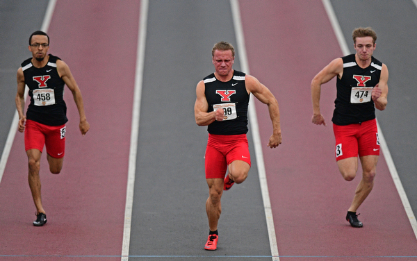 YOUNGSTOWN, OHIO - FEBRUARY 24, 2019: Youngstown State's Chad Zallow sprints to the finish line ahead of Brendan Lucas, right, and Josh Beaumont during the men's 60 meter dash final, Sunday afternoon at the Watt and Tressel Training Facility during the Horizon League Indoor Track Championship. DAVID DERMER | THE VINDICATOR