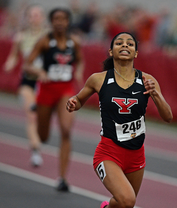 YOUNGSTOWN, OHIO - FEBRUARY 24, 2019: Youngstown State's Jaliyah Elliot sprints to the finish line to win the women's 200 meter dash final, Sunday afternoon at the Watt and Tressel Training Facility during the Horizon League Indoor Track Championship. DAVID DERMER | THE VINDICATOR