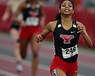 YOUNGSTOWN, OHIO - FEBRUARY 24, 2019: Youngstown State's Jaliyah Elliot sprints to the finish line to win the women's 200 meter dash final, Sunday afternoon at the Watt and Tressel Training Facility during the Horizon League Indoor Track Championship. DAVID DERMER | THE VINDICATOR