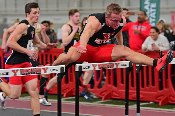 YOUNGSTOWN, OHIO - FEBRUARY 24, 2019: Youngstown State's Chad Zallow clears a hurl during the men's 60 meter hurdles final, Sunday afternoon at the Watt and Tressel Training Facility during the Horizon League Indoor Track Championship. DAVID DERMER | THE VINDICATOR