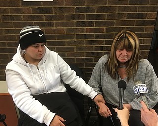 Christine Mazanec, younger sister of Britney Mazanec, and her mother, Tammy Stone, talk Monday Morning at Niles Municipal Court about the shooting death of Britney Mazanec early Sunday outside of the Hideaway Lounge on Youngstown Road near the Eastwoood Mall. The man accused of shooting her was arraigned on reckless homicide.