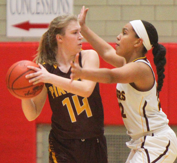 William D. Lewis The Vindicator South Range's Lexi Giles(22) defends against  South East's Shelby Morehead(14) during 2-27-19 action at Struthers.