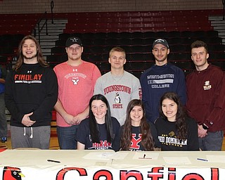 Neighbors | Abby Slanker.Canfield High School hosted a signing ceremony to recognize eight senior student athletes who will continue their academic and sports careers at the collegiate level on Feb. 8. Student athletes recognized were, from left, (front) Lily Polen, Hiram College, lacrosse; Ashley Ventimiglia, Youngstown State University, cross country and track and field; Ashley Story, Ohio Dominican University, soccer; (back) Peter Hallof, University of Findlay, football; Jared Tincher, Youngstown State University, football; Collin Ritz, Youngstown State University, football; Jad Jadallah, Westminster College, soccer and Matt Zaremski, Walsh University, football.