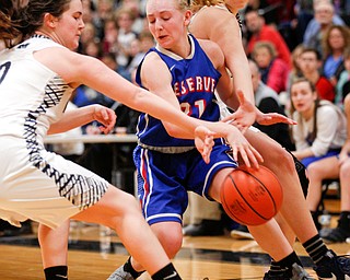 Western Reserve's Olivia Pater tries to keep the ball away from McDonald's Taylor Tuchek, left, and Molly Howard during their game at Mineral Ridge High School on Saturday afternoon. EMILY MATTHEWS | THE VINDICATOR