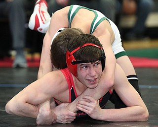 ALLIANCE, OHIO - March 2, 2019: WRESTLING OHSAA D2 Alliance District at Alliance High School-  106 lbs: 1st period, Canfield's Nick Barber tangles with Lake Catholics' Brendan McCronne. Nick Barber won 5-4.  MICHAEL G. TAYLOR| THE VINDICATOR