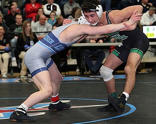 ALLIANCE, OHIO - March 2, 2019: WRESTLING OHSAA D2 Alliance District at Alliance High School-  120 lbs: 2nd period,West Branch's Christian Wayt grapples with Louisville's Garett Lautzenheiser. Christian Waytr lost in OT 2-1.  MICHAEL G. TAYLOR| THE VINDICATOR