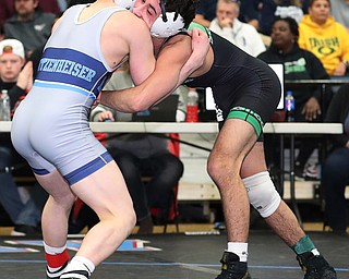 ALLIANCE, OHIO - March 2, 2019: WRESTLING OHSAA D2 Alliance District at Alliance High School-  120 lbs: 2nd period,West Branch's Christian Wayt grapples with Louisville's Garett Lautzenheiser. Christian Waytr lost in OT 2-1.  MICHAEL G. TAYLOR| THE VINDICATOR