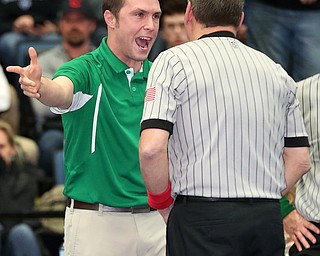 ALLIANCE, OHIO - March 2, 2019: WRESTLING OHSAA D2 Alliance District at Alliance High School-  120 lbs: 2nd period, West Branch's coach Chris Doris reacts to the official's call which ended the match of Christian Wayt. Christian Wayt lost in OT 2-1.  MICHAEL G. TAYLOR| THE VINDICATOR