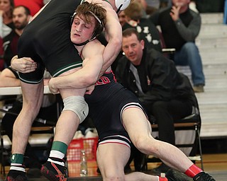 ALLIANCE, OHIO - March 2, 2019: WRESTLING OHSAA D2 Alliance District at Alliance High School-  160 lbs: 1st period, Canfield's David Reinhart goes for a move against with Lake Catholics' Sean O'Dwyer.  David Reinhart captured 3rd place by pin.  MICHAEL G. TAYLOR| THE VINDICATOR