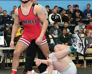 ALLIANCE, OHIO - March 2, 2019: WRESTLING OHSAA D2 Alliance District at Alliance High School-  182 lbs: 2nd period, Canfield's Anthony D'Alesio reacts to defeating Coventry's Austin Hinzman.  Anthony D'Alesio won the championship by a pin.  MICHAEL G. TAYLOR| THE VINDICATOR