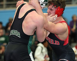 ALLIANCE, OHIO - March 2, 2019: WRESTLING OHSAA D2 Alliance District at Alliance High School-  195 lbs: 2nd period, Canfield's Nick Crawford scraps with Aurora's Colin Mcnamara.   Nick Crawford won the championship 3-2.  MICHAEL G. TAYLOR| THE VINDICATOR