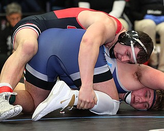 ALLIANCE, OHIO - March 2, 2019: WRESTLING OHSAA D2 Alliance District at Alliance High School-  220lbs: 2nd period, Canfield's Tyler Stein has Louisville's Blake Robbins in trouble. Tyler Stein won the championship 2-1.  MICHAEL G. TAYLOR| THE VINDICATOR