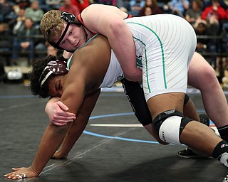 ALLIANCE, OHIO - March 2, 2019: WRESTLING OHSAA D2 Alliance District at Alliance High School-  285 lbs: 2nd period, Girard's Jake DelGarbino has Akron SVSM's David Hooks in his grasp.  Jake DelGarbino won the championship by a pin.  MICHAEL G. TAYLOR| THE VINDICATOR