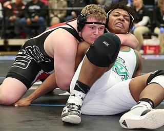 ALLIANCE, OHIO - March 2, 2019: WRESTLING OHSAA D2 Alliance District at Alliance High School-  285 lbs: 2nd period, Girard's Jake DelGarbino has Akron SVSM's David Hooks in his grasp.  Jake DelGarbino won the championship by a pin.  MICHAEL G. TAYLOR| THE VINDICATOR