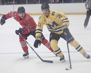 Phantoms'  Aiden Gallacher tries to get the puck away from Lumberjacks' Ryan Savage during their game in the Covelli Centre on Sunday night. EMILY MATTHEWS | THE VINDICATOR