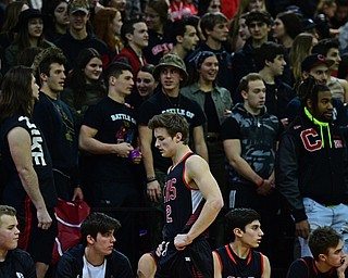 BOARDMAN, OHIO - MARCH 6, 2019: Canfield's Brent Herrmann walks to the bench after being called for a technical foul during the first half of their OHSAA Tournament game, Wednesday night at Boardman High School. DAVID DERMER | THE VINDICATOR