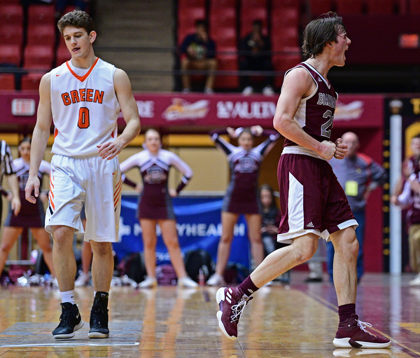 CANTON, OHIO - MARCH 7, 2019: Boardman's Cam Creps celebrates after a turnover by Green's Alex Casper during the first half of their OHSAA Tournament game, Thursday night at the Canton Civic Center. DAVID DERMER | THE VINDICATOR
