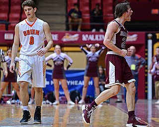 CANTON, OHIO - MARCH 7, 2019: Boardman's Cam Creps celebrates after a turnover by Green's Alex Casper during the first half of their OHSAA Tournament game, Thursday night at the Canton Civic Center. DAVID DERMER | THE VINDICATOR