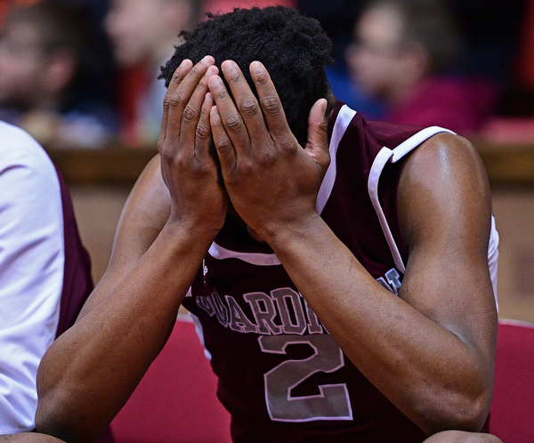 CANTON, OHIO - MARCH 7, 2019: Boardman's Che Trevena reacts on the bench after he was removed from the game during the second half of their OHSAA Tournament game, Thursday night at the Canton Civic Center. DAVID DERMER | THE VINDICATOR