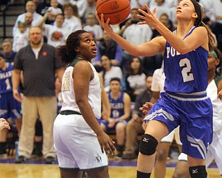 William D. Lewis The Vindicator  Poland's Sarah Bury(2) scores past Akron SVSM's Sophia Williams(32) at Barberton 3-8-19.