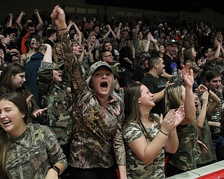 Jen Davis of Springfield throws up her fist in celebration with the rest of the student section during Friday nights district championship game at Struthers High School.  Dustin Livesay  |  The Vindicator  3/8/19  Struthers