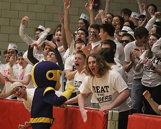 The Lowellville student section erupts in cheers as their team takes a slim lead during Friday nights district championship game against Springfield at Struthers High School.  Dustin Livesay  |  The Vindicator  3/8/19  Struthers