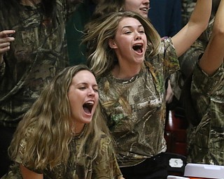 Springfield students Rachel Babinec (left) and Makenzy Cappoullez (right) celebrate as Springfield defeats Lowellville during Friday nights district championship game at Struthers High School.  Dustin Livesay  |  The Vindicator  3/8/19  Struthers