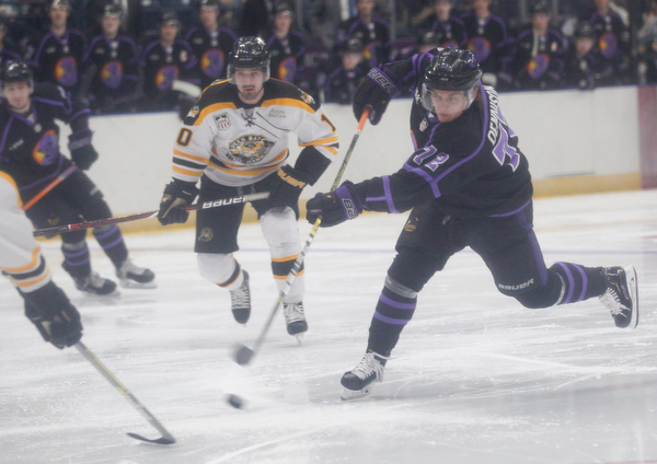 The Phantoms' Liam Dennison shoots the puck during their game against the Gamblers in Covelli Centre on Sunday. EMILY MATTHEWS | THE VINDICATOR