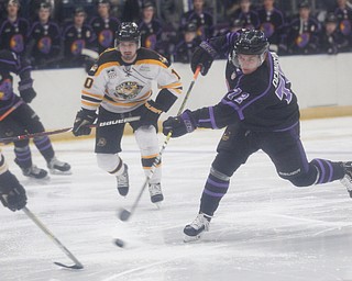 The Phantoms' Liam Dennison shoots the puck during their game against the Gamblers in Covelli Centre on Sunday. EMILY MATTHEWS | THE VINDICATOR