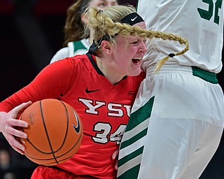 DETROIT, MICHIGAN - MARCH 11, 2019: Youngstown State's McKenah Peters collides with Green Bay's Madison Wolf during the first half of their Horizon League Tournament game, Monday afternoon at Little Caesars Arena. Green Bay won 55-53. DAVID DERMER | THE VINDICATOR