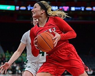 DETROIT, MICHIGAN - MARCH 11, 2019: Youngstown State's Alison Smolinski goes to the basket against Green Bay's Meghan Pingel during the second half of their Horizon League Tournament game, Monday afternoon at Little Caesars Arena. Green Bay won 55-53. DAVID DERMER | THE VINDICATOR