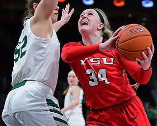 DETROIT, MICHIGAN - MARCH 11, 2019: Youngstown State's McKenah Peters goes to the basket against Green Bay's Madison Wolf during the second half of their Horizon League Tournament game, Monday afternoon at Little Caesars Arena. Green Bay won 55-53. DAVID DERMER | THE VINDICATOR