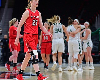 DETROIT, MICHIGAN - MARCH 11, 2019: Youngstown State's Sarah Cash walks off the court after Youngstown State was defeated by Green Bay 56-53, , Monday afternoon at Little Caesars Arena. Green Bay won 55-53. DAVID DERMER | THE VINDICATOR