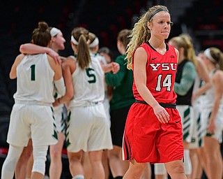 DETROIT, MICHIGAN - MARCH 11, 2019: Youngstown State's Melinda Trimmer walks off the court after Youngstown State was defeated by Green Bay 56-53, , Monday afternoon at Little Caesars Arena. Green Bay won 55-53. DAVID DERMER | THE VINDICATOR