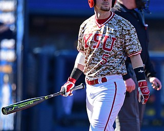 KENT, OHIO - MARCH 12, 2019: Youngstown State's Tanner Montgomery walks back to the dugout after striking out in the 2nd inning of their game, Tuesday afternoon at Kent State. Kent State won 10-5. DAVID DERMER | THE VINDICATOR