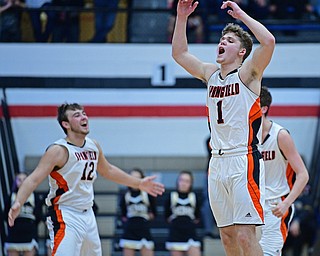 CANTON, OHIO - MARCH 12, 2019: Springfield's Drew Clark (1) Shane Eynon (12) and Drew Clark (2) celebrates after a South Central timeout during the second half of their game, Tuesday night at the Canton Fieldhouse. DAVID DERMER | THE VINDICATOR