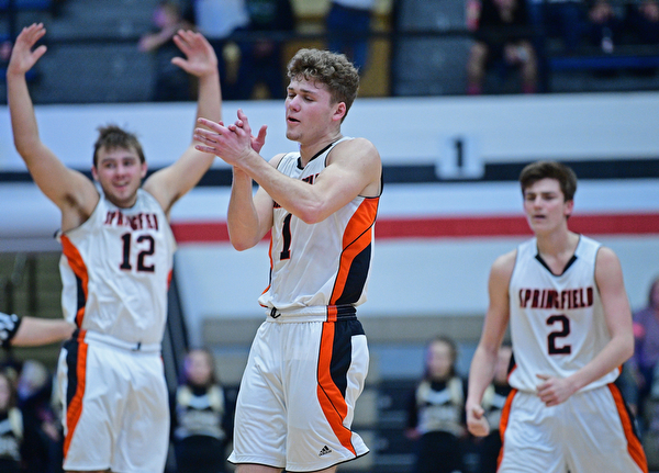 CANTON, OHIO - MARCH 12, 2019: Springfield's Drew Clark (1) Shane Eynon (12) and Drew Clark (2) celebrates after a South Central timeout during the second half of their game, Tuesday night at the Canton Fieldhouse. DAVID DERMER | THE VINDICATOR