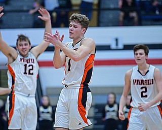 CANTON, OHIO - MARCH 12, 2019: Springfield's Drew Clark (1) Shane Eynon (12) and Drew Clark (2) celebrates after a South Central timeout during the second half of their game, Tuesday night at the Canton Fieldhouse. DAVID DERMER | THE VINDICATOR