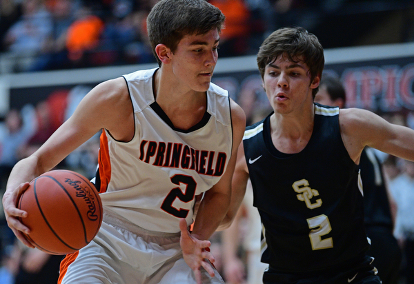 CANTON, OHIO - MARCH 12, 2019: Springfield's Drew Clark drives on South Central's Sam Seidel during the second half of their game, Tuesday night at the Canton Fieldhouse. DAVID DERMER | THE VINDICATOR