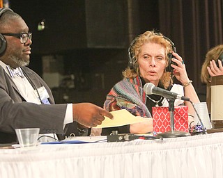  ROBERT K.YOSAY  | THE VINDICATOR..The 2019 Vindicator Spelling bee #86 held at the Chestnut Room of Kilcawley Center at YSU.....Rev Lewis Macklin  and Carol Ryan  listen to the spelling of a word to be sure the speller had it correct  -both are judges ..
