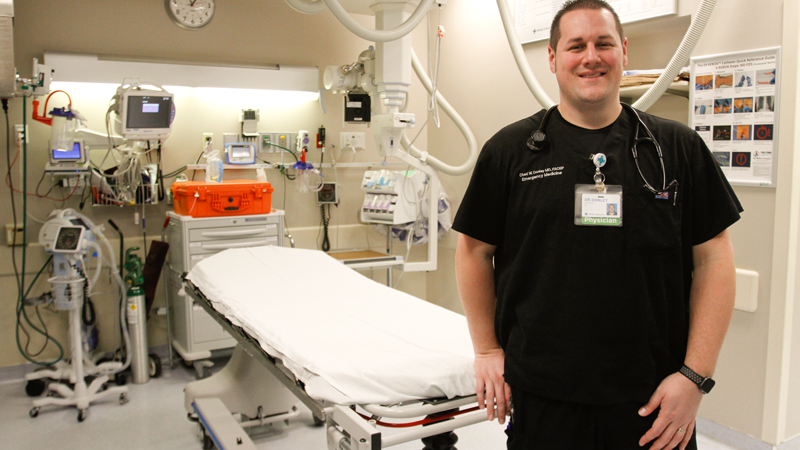 Dr. Chad Donley, regional medical director for Mercy Health emergency departments, stands by a bed inside St. Elizabeth Youngstown Hospital's emergency room. Through a $250,000 state grant, the emergency room soon will begin dispensing buprenorphine as treatment for people struggling with opioid addiction.