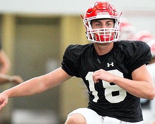 Mark Waid, one of Youngstown State University's quarterbacks, warms up during a spring practice Monday.
