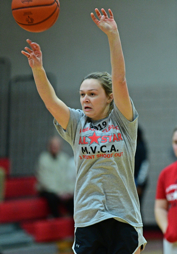 CANFIELD, OHIO - MARCH 19, 2019: Jackie Adler of Hubbard shoots a 3-point shot during the girls 3-point contest of the 49th annual Al Beach Classic, Tuesday night at Canfield High School. DAVID DERMER | THE VINDICATOR