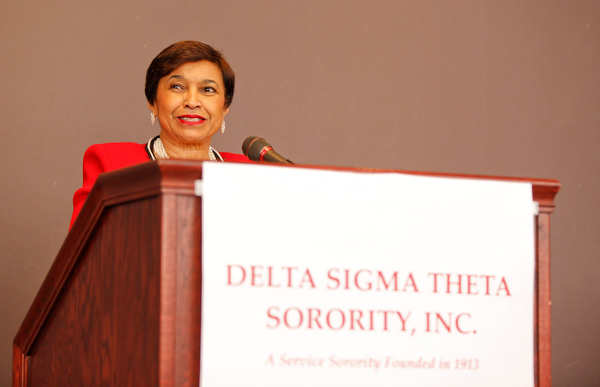 Beverly E. Smith, the National President and CEO of Delta Sigma Theta Sorority, Inc., speaks during the Delta Sigma Theta Sorority, Inc. Youngstown Alumnae Chapter Founders Day Celebration on Saturday afternoon in YSU's DeBartolo Stadium Club. EMILY MATTHEWS | THE VINDICATOR