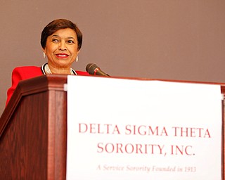 Beverly E. Smith, the National President and CEO of Delta Sigma Theta Sorority, Inc., speaks during the Delta Sigma Theta Sorority, Inc. Youngstown Alumnae Chapter Founders Day Celebration on Saturday afternoon in YSU's DeBartolo Stadium Club. EMILY MATTHEWS | THE VINDICATOR