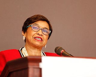 Beverly E. Smith, the National President and CEO of Delta Sigma Theta Sorority, Inc., speaks during the Delta Sigma Theta Sorority, Inc. Youngstown Alumnae Chapter Founders Day Celebration on Saturday afternoon in YSU's DeBartolo Stadium Club. EMILY MATTHEWS | THE VINDICATOR