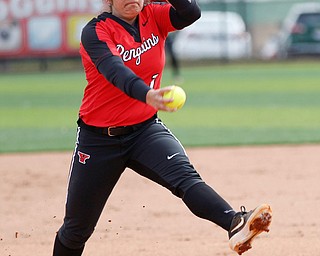 YSU's Elle Buffenbarger pitches during the first game of their double header against KSU at Covelli Sports Complex on Wednesday afternoon. EMILY MATTHEWS | THE VINDICATOR