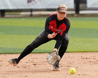 YSU's Tatum Christy fields a ground ball during the first game of their double header against KSU at Covelli Sports Complex on Wednesday afternoon. EMILY MATTHEWS | THE VINDICATOR