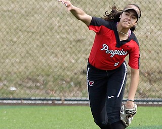 YSU's Yazmine Romero throws the ball in from center field during the first game of their double header against KSU at Covelli Sports Complex on Wednesday afternoon. EMILY MATTHEWS | THE VINDICATOR