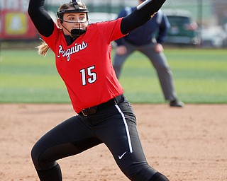 YSU's Kayla Rutherford pitches during the first game of their double header against KSU at Covelli Sports Complex on Wednesday afternoon. EMILY MATTHEWS | THE VINDICATOR